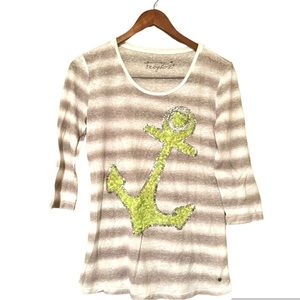 FrogBox Linen Blend Shadow Stripe Sequin Anchor Top Beige Green Size 40 Large